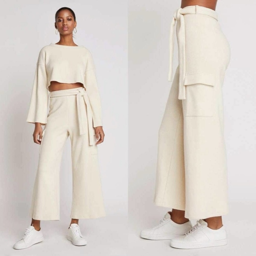 NWT Choosy Elsa Cream Ribbed Knit Cargo Wide Leg Belted Pants Size L